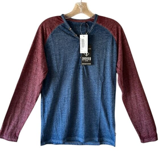 NEW Indigo Star Mens Blue and Burgundy Henley - Picture 1 of 7